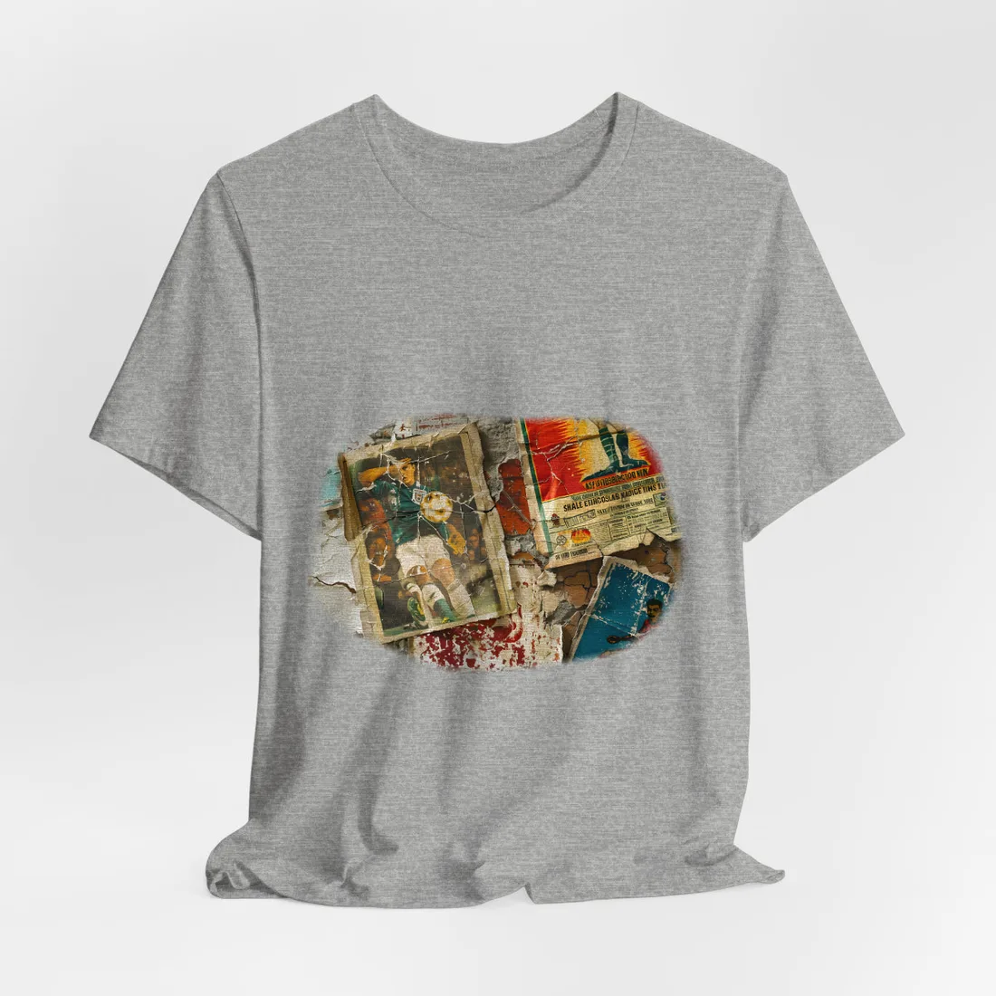 Layered vintage soccer posters on a cracked wall, with a green-jersey player kicking a ball at – T-Shirt, athletic heather