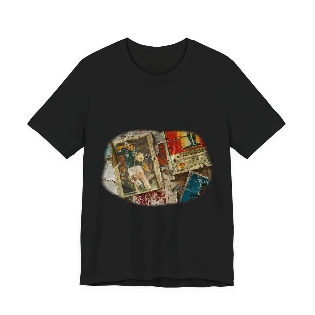 Layered vintage soccer posters on a cracked wall, with a green-jersey player kicking a ball at center – T-Shirt, black