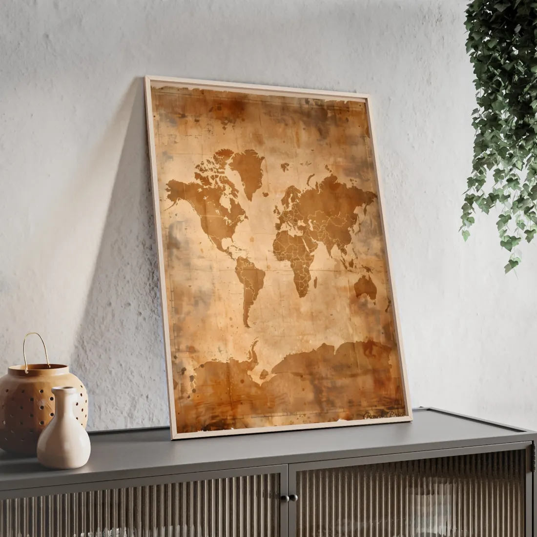 Vintage World Map: Artistic Cartography on Canvas - Framed Poster
