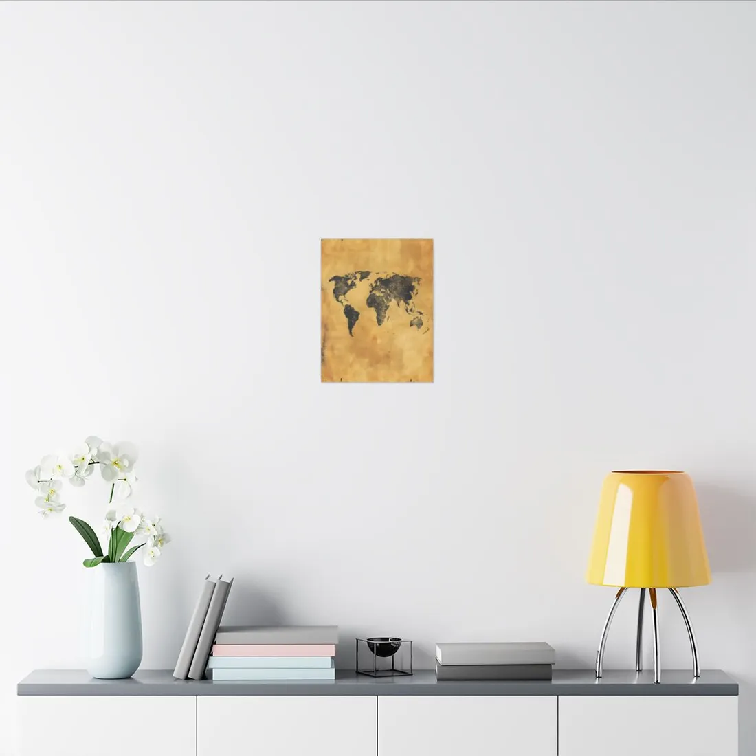 Vintage parchment-style world map in dark charcoal on golden tan background – Canvas Print, view 3