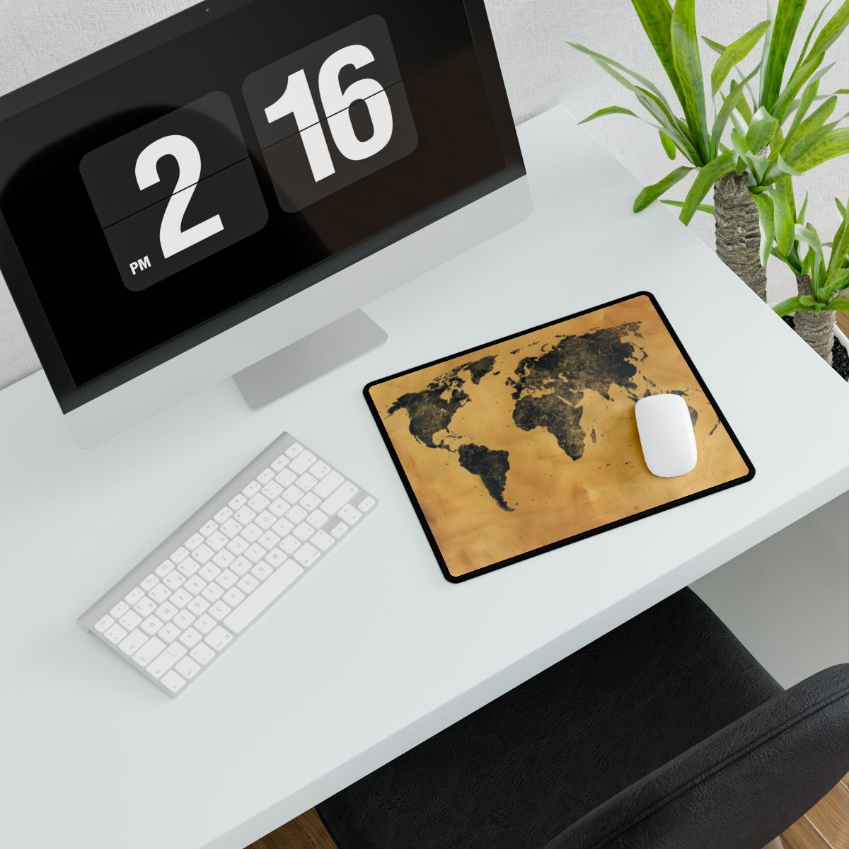 Vintage parchment-style world map in dark charcoal on golden tan background – Desk Mat, room mockup, view 2