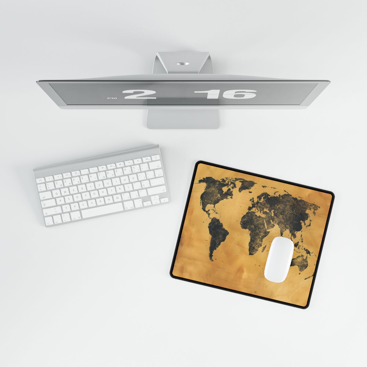 Vintage parchment-style world map in dark charcoal on golden tan background – Desk Mat, room mockup, view 3