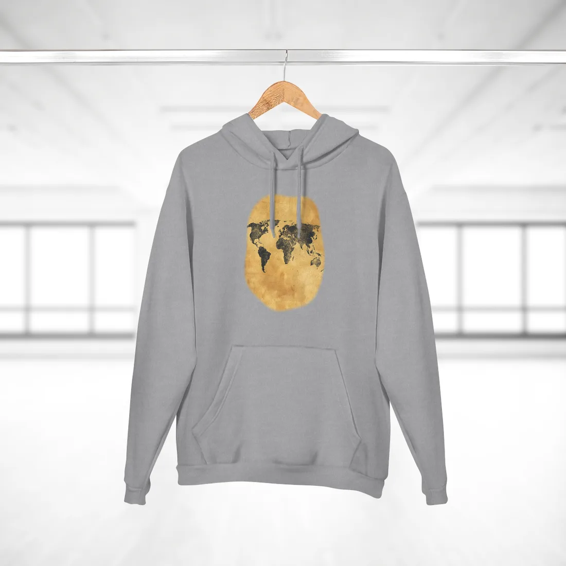Vintage parchment-style world map in dark charcoal on golden tan background – Hoodie, heather grey