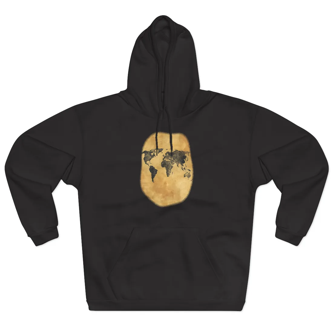 Vintage parchment-style world map in dark charcoal on golden tan background – Hoodie, black