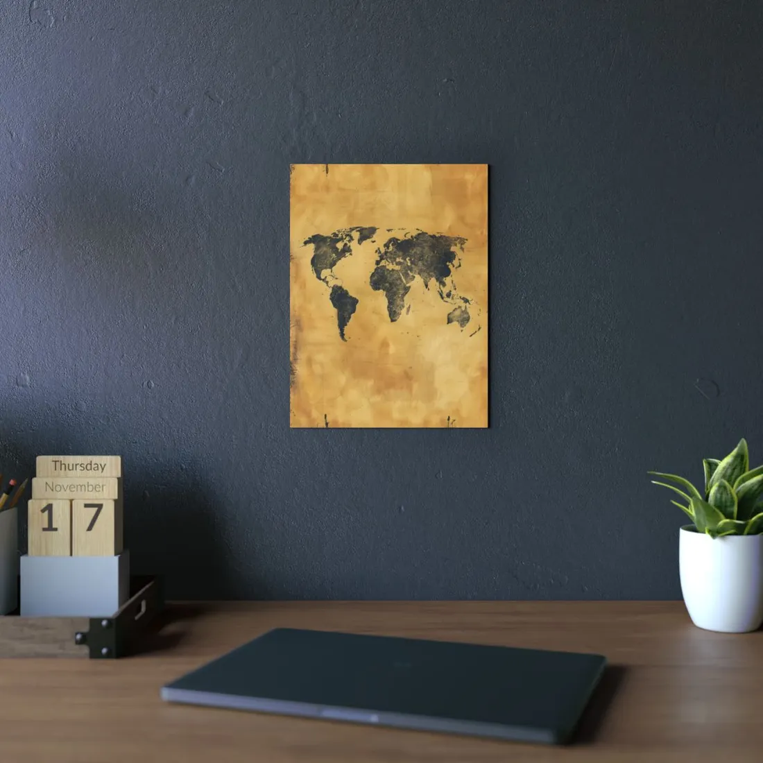 Vintage parchment-style world map in dark charcoal on golden tan background – Metal Poster, view 2