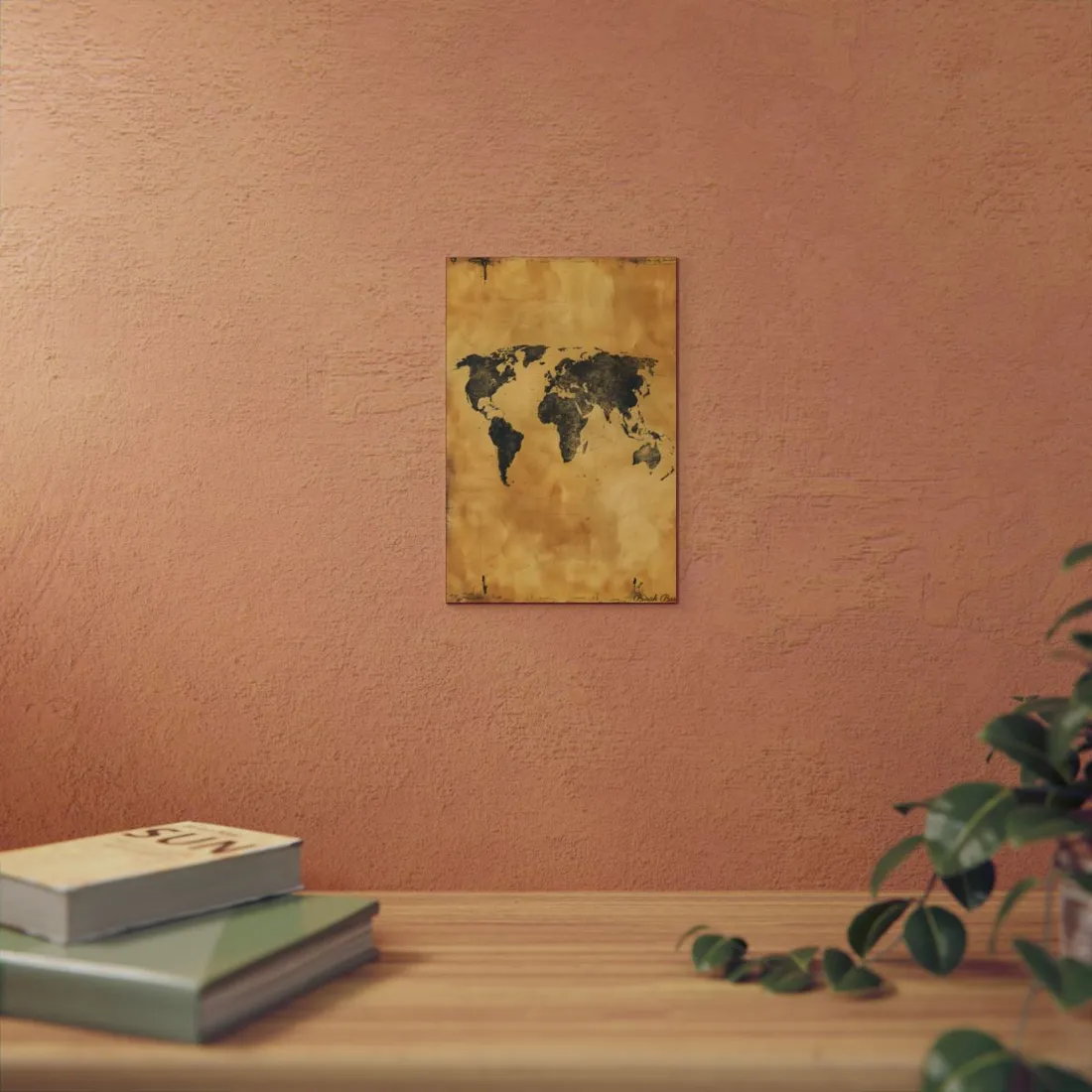 Vintage parchment-style world map in dark charcoal on golden tan background – Metal Poster, view 3