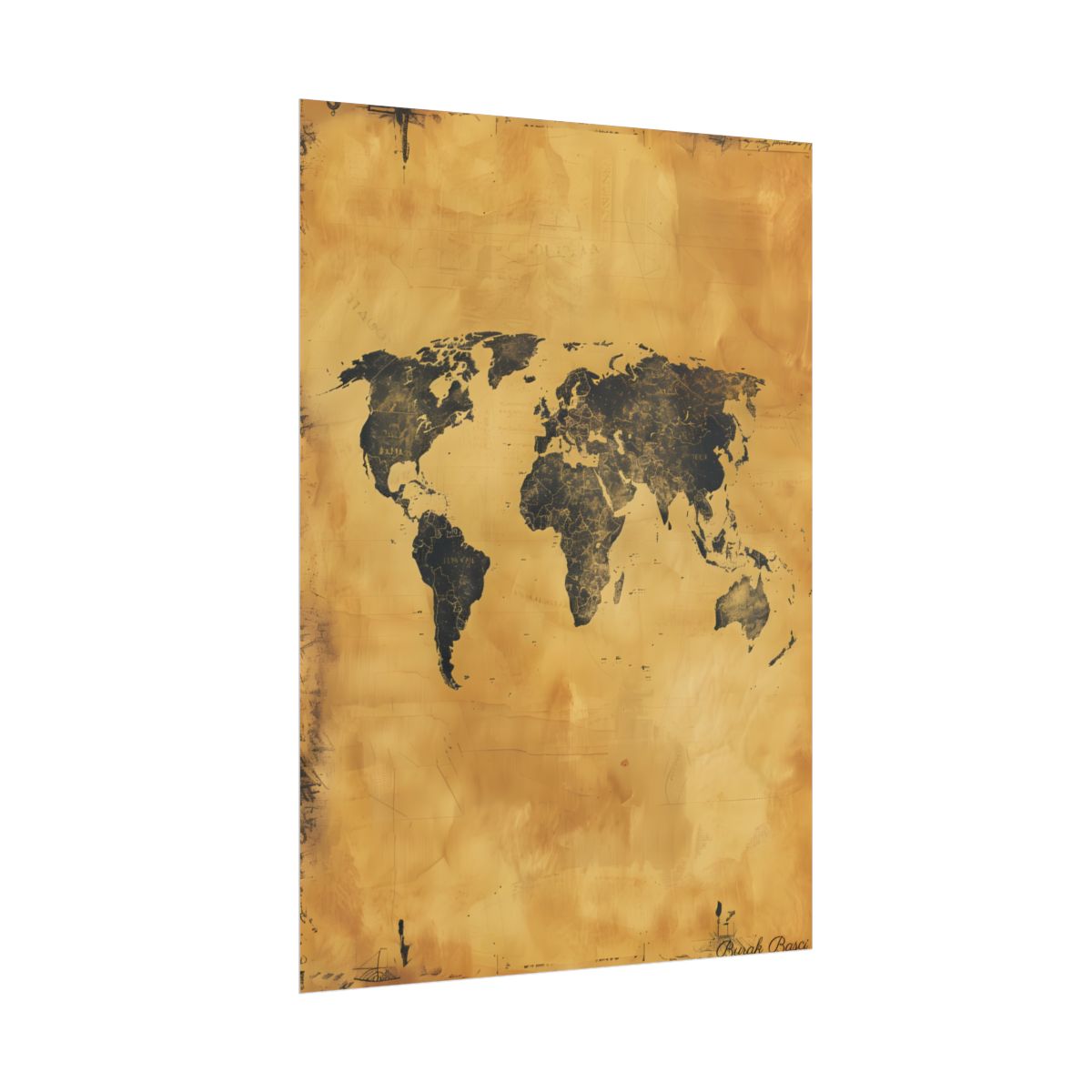 Vintage parchment-style world map in dark charcoal on golden tan background – Poster, side view