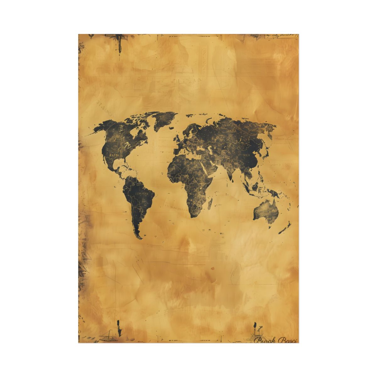 Vintage parchment-style world map in dark charcoal on golden tan background – Poster, front view, view 1