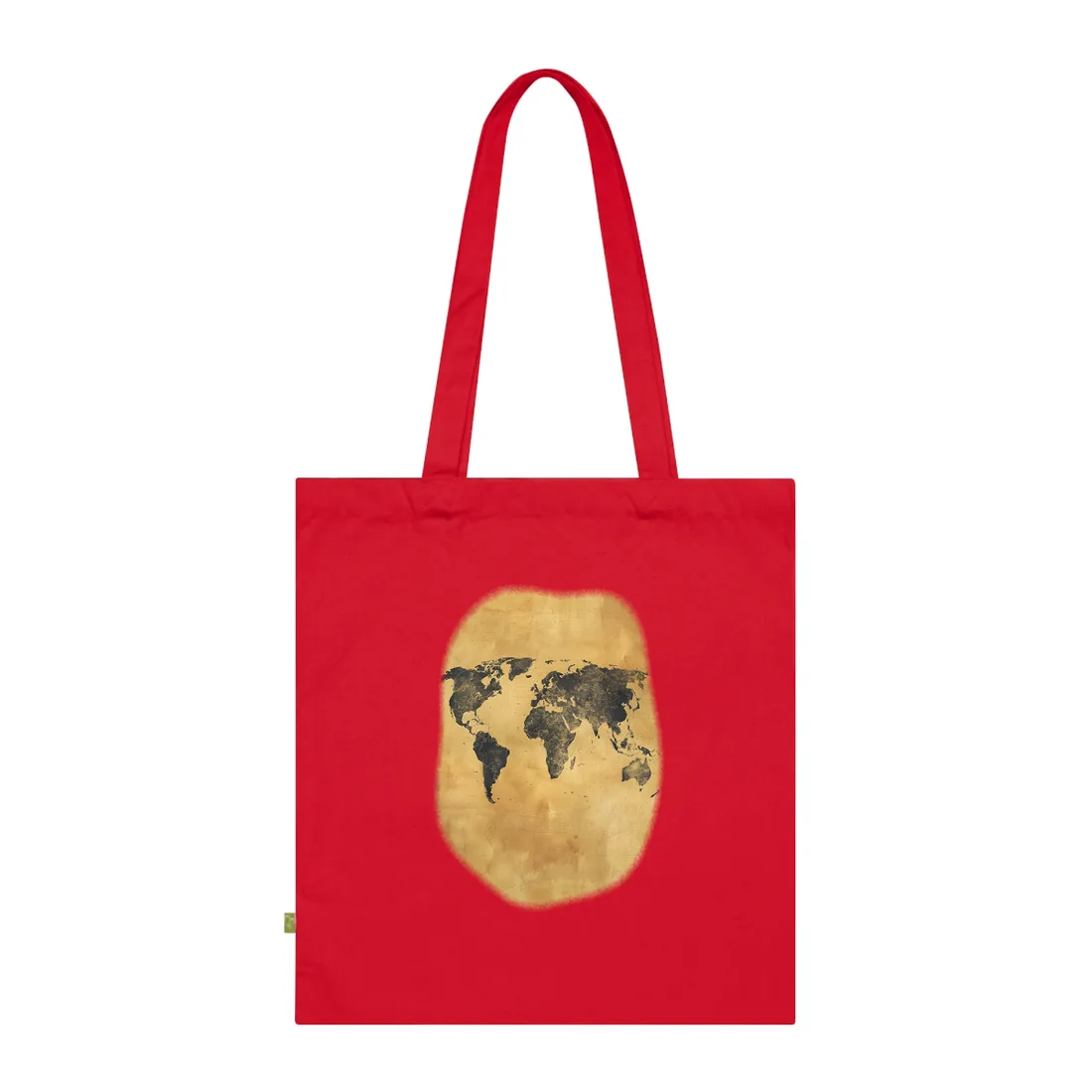 Vintage parchment-style world map in dark charcoal on golden tan background – Tote Bag, classic red
