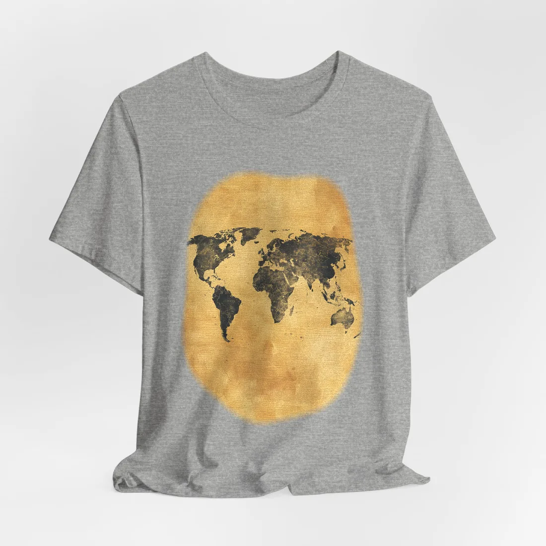 Vintage parchment-style world map in dark charcoal on golden tan background – T-Shirt, athletic heather