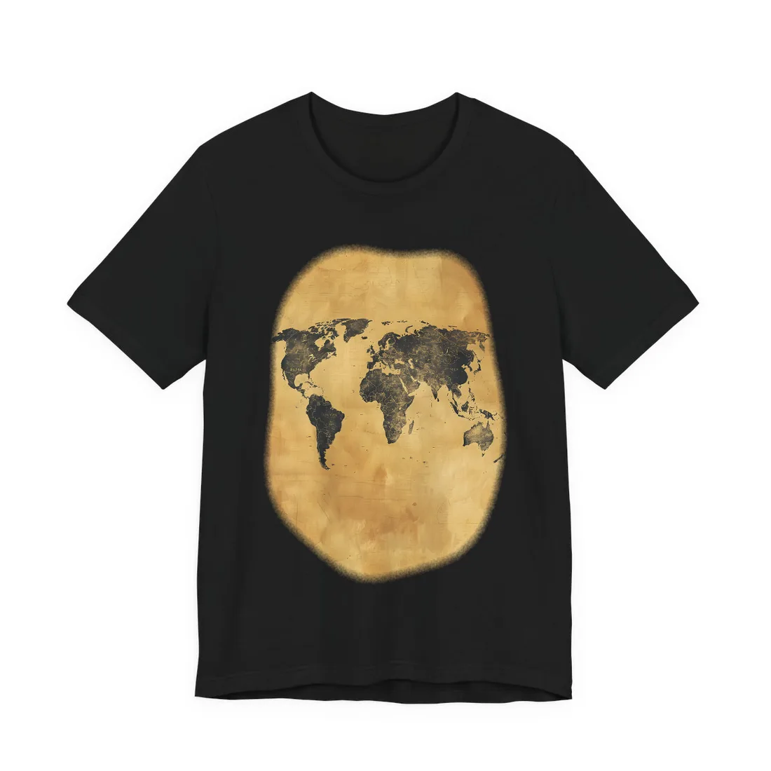 Vintage parchment-style world map in dark charcoal on golden tan background – T-Shirt, black