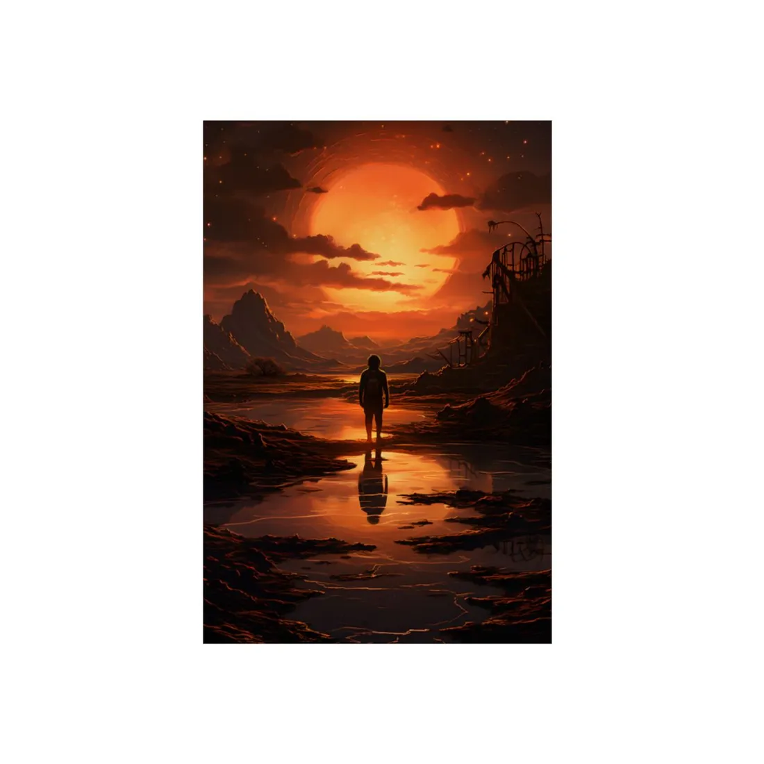Walking Toward the Glow: Dark Mountain Silhouette - Metal Poster