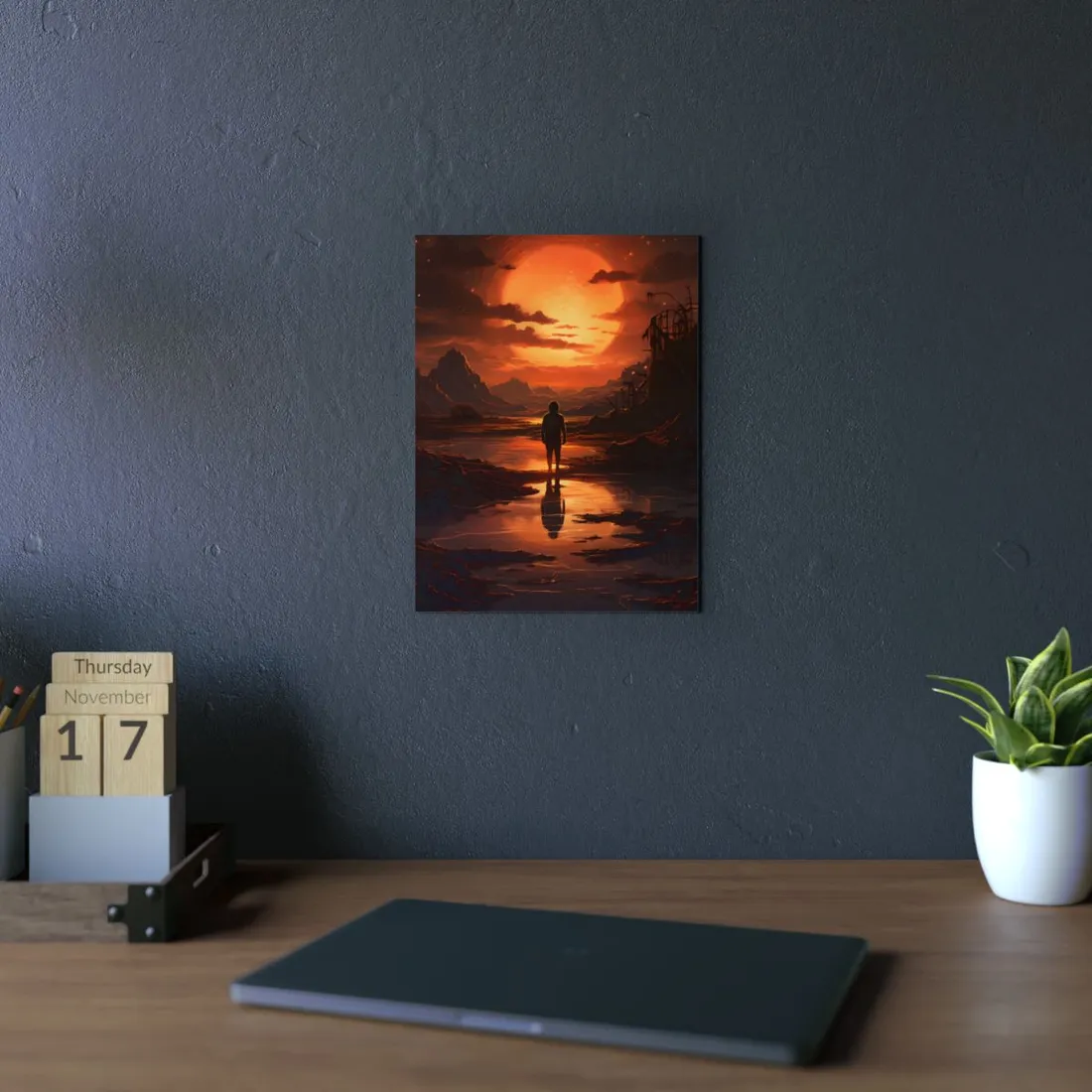 Walking Toward the Glow: Dark Mountain Silhouette - Metal Poster