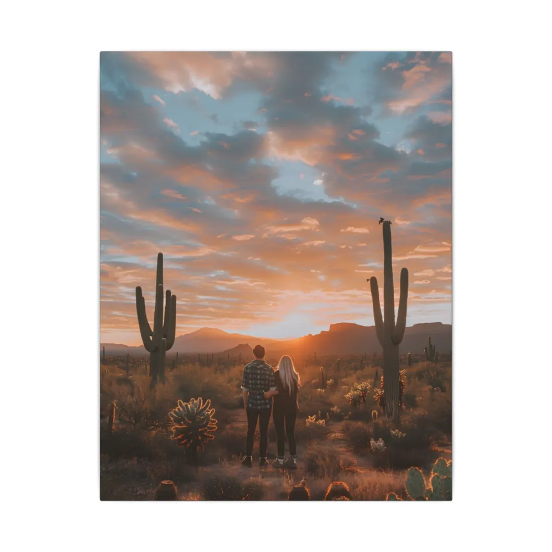 Warm Embrace Under Desert Sunset: People Standing Together in Golden Hour - Canvas