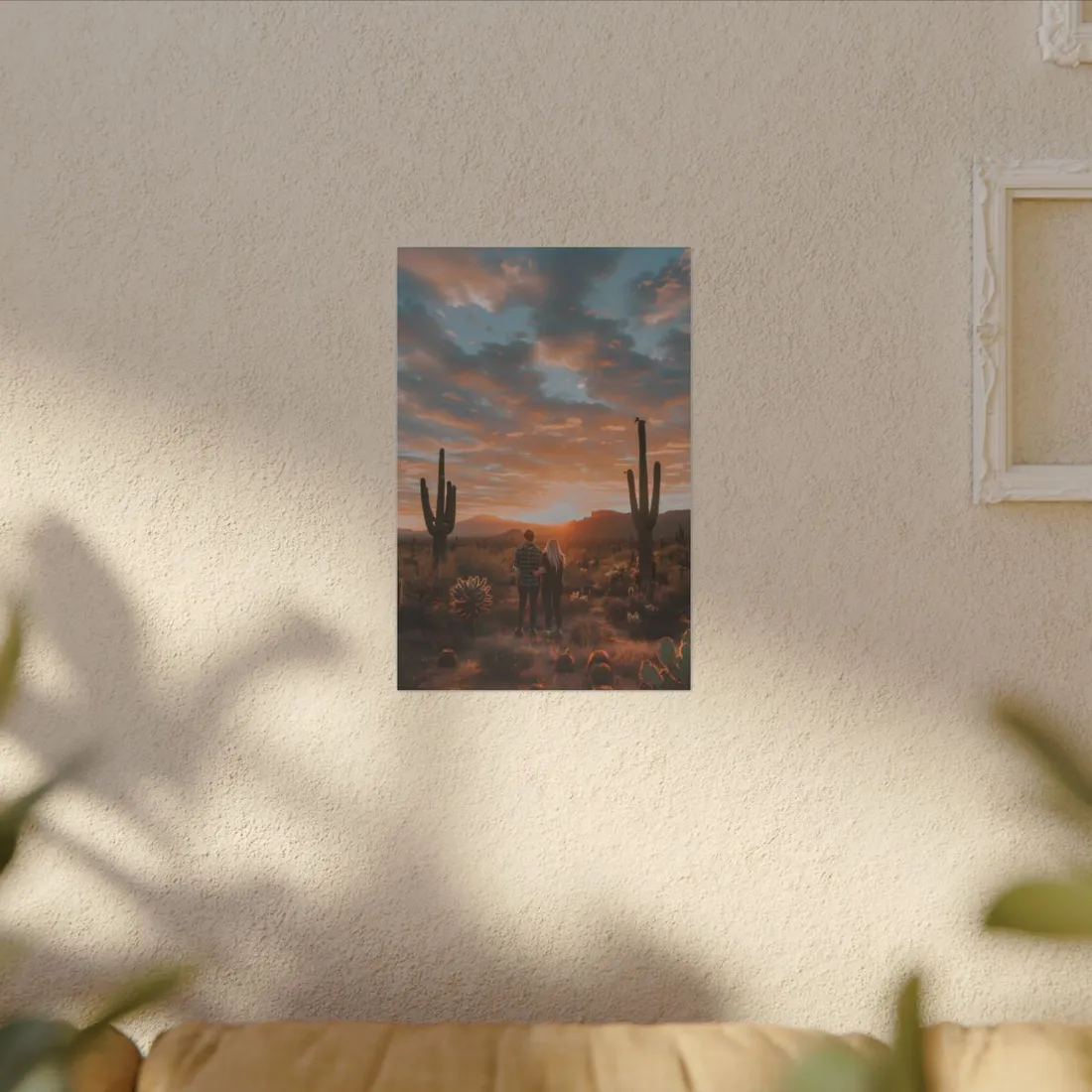Warm Embrace Under Desert Sunset: People Standing Together in Golden Hour - Canvas