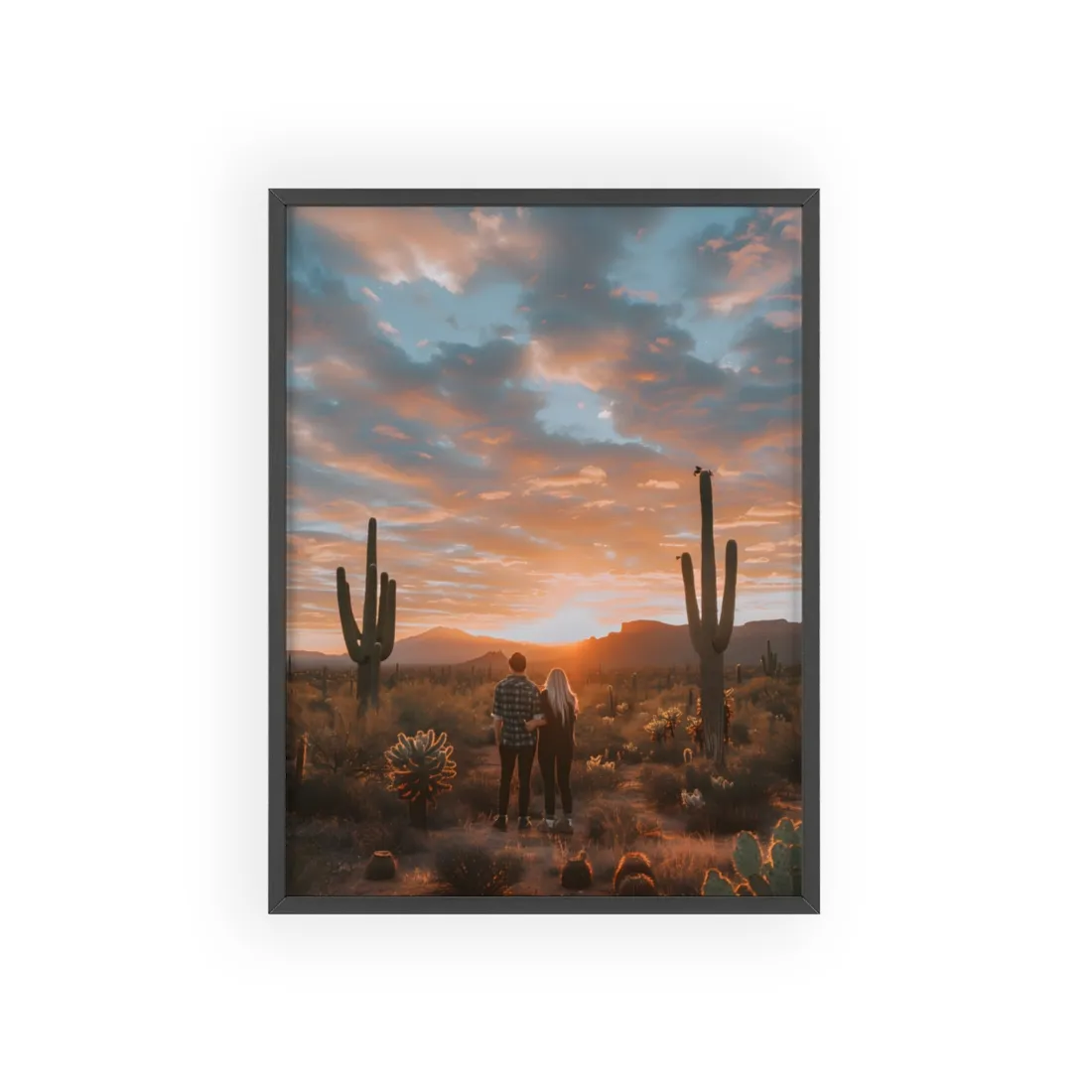 Warm Embrace Under Desert Sunset: People Standing Together in Golden Hour - Framed Poster