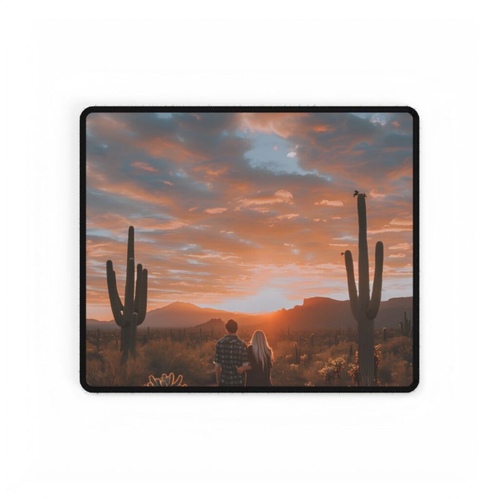 Warm Embrace Under Desert Sunset: People Standing Together in Golden Hour - Desk Mat