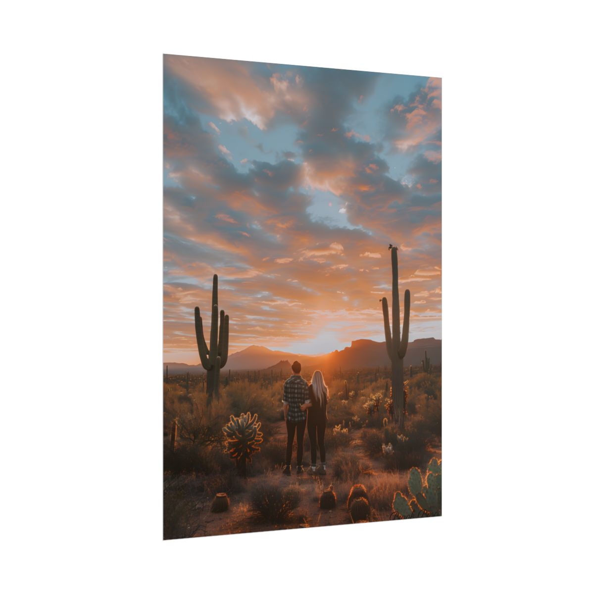 Warm Embrace Under Desert Sunset: People Standing Together in Golden Hour - Poster