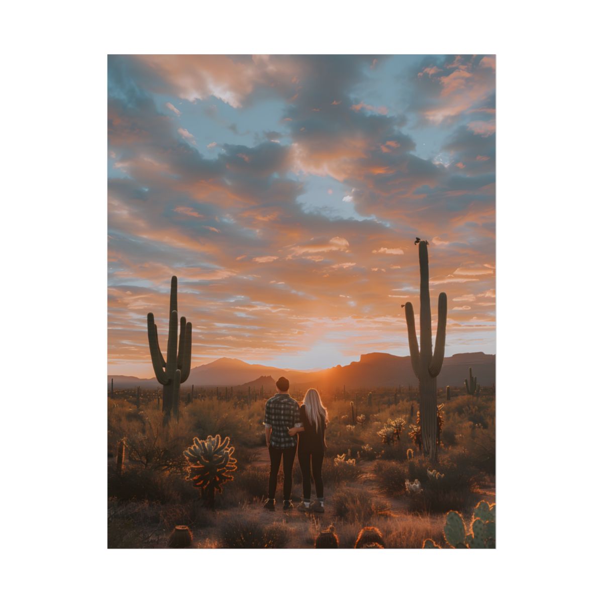Warm Embrace Under Desert Sunset: People Standing Together in Golden Hour - Poster
