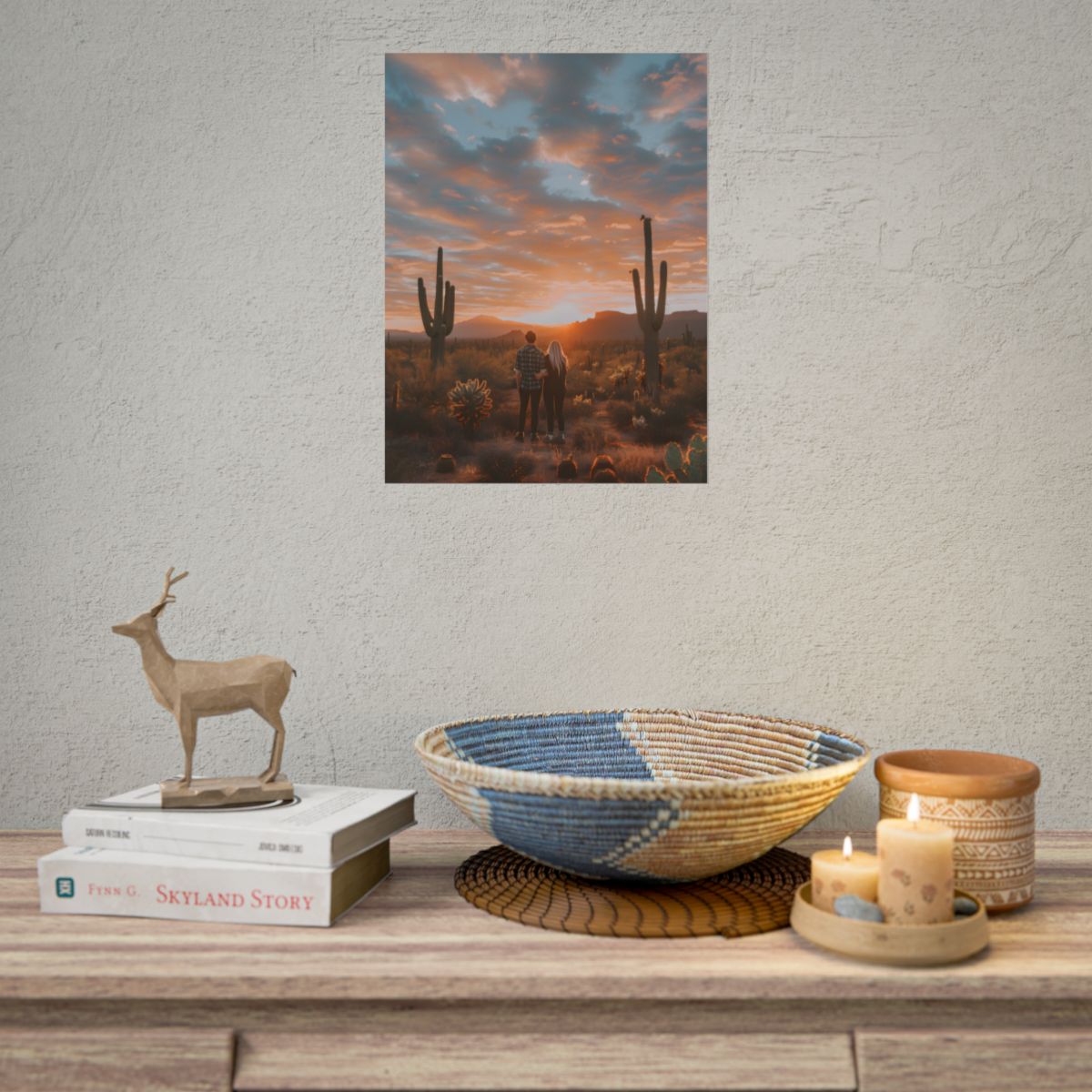 Warm Embrace Under Desert Sunset: People Standing Together in Golden Hour - Poster