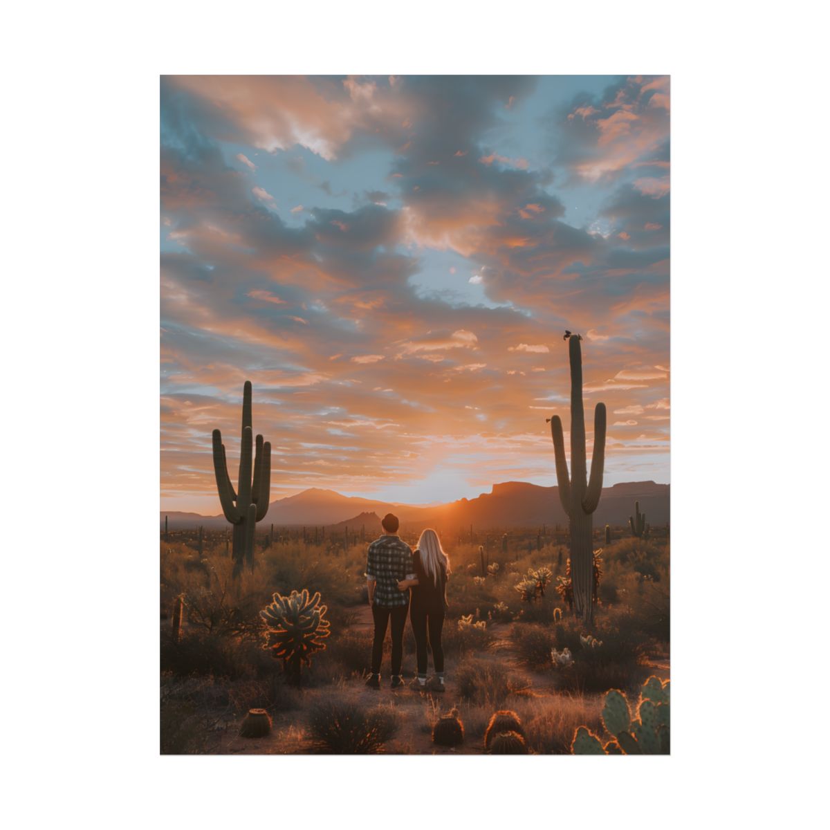 Warm Embrace Under Desert Sunset: People Standing Together in Golden Hour - Poster