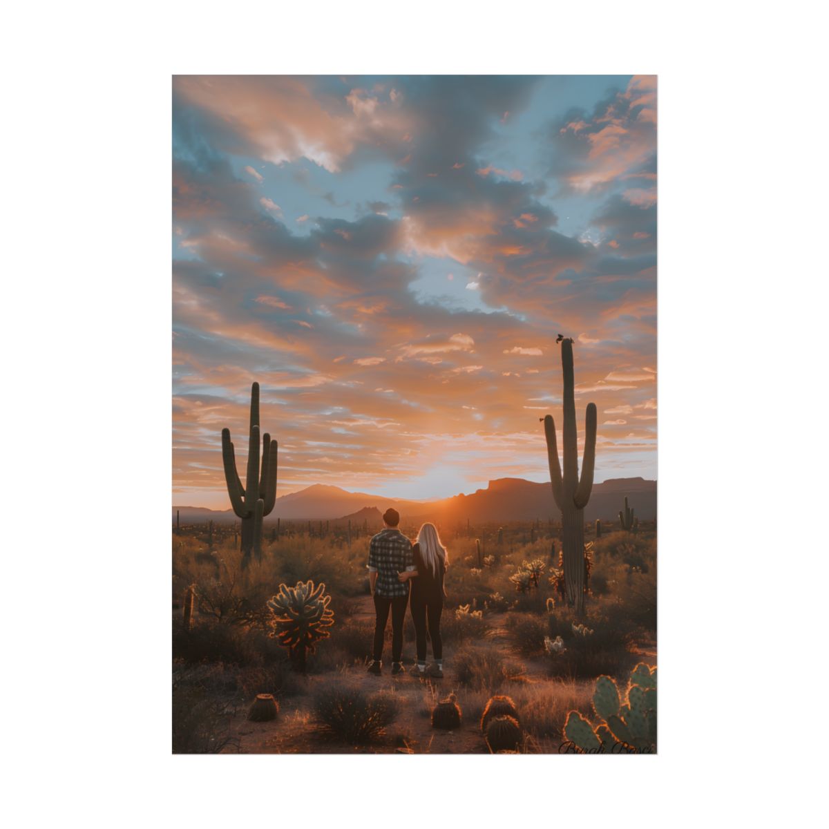 Warm Embrace Under Desert Sunset: People Standing Together in Golden Hour - Poster