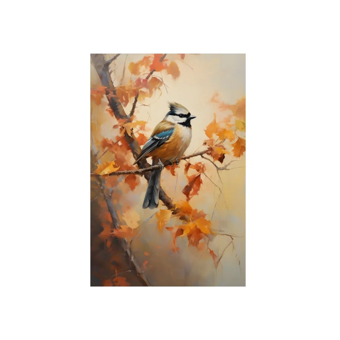 Warm-Toned Songbird on the Autumn Branch: Oil Painting - Metal Poster