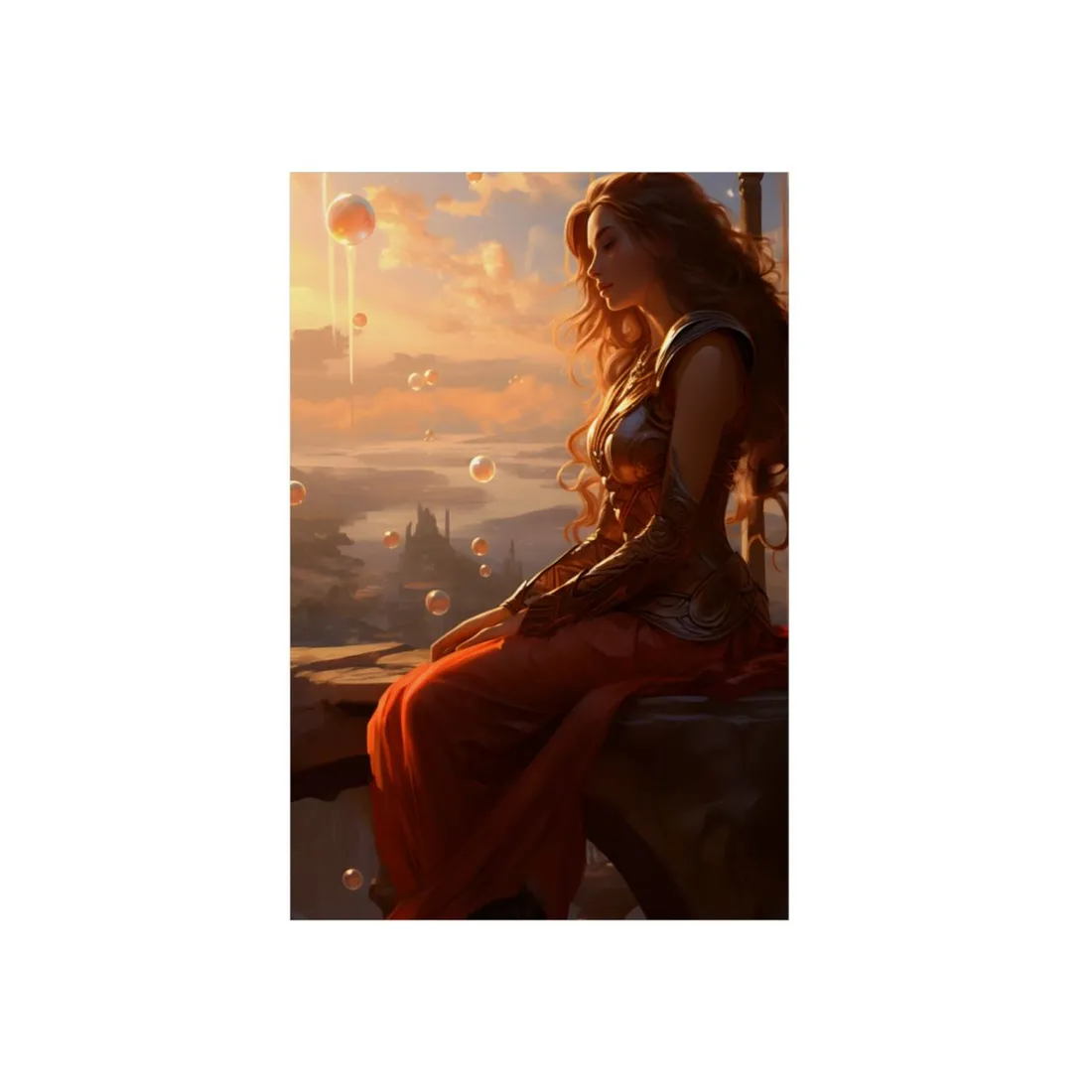 Warrior Woman with Floating Bubbles: Fantasy Portrait - Metal Poster