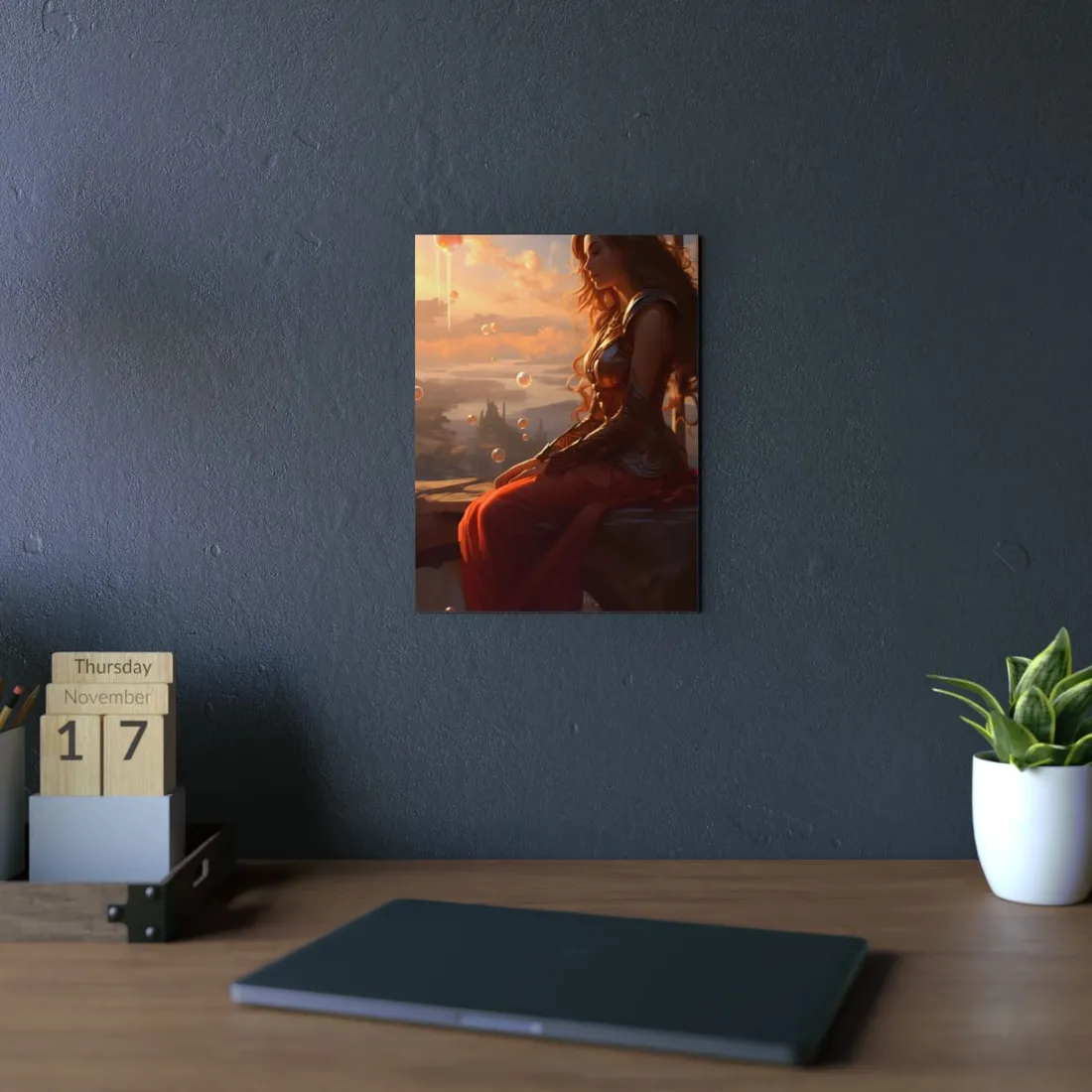 Warrior Woman with Floating Bubbles: Fantasy Portrait - Metal Poster