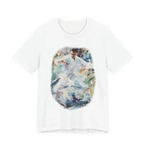 Karate Practitioner in White Gi T-Shirt