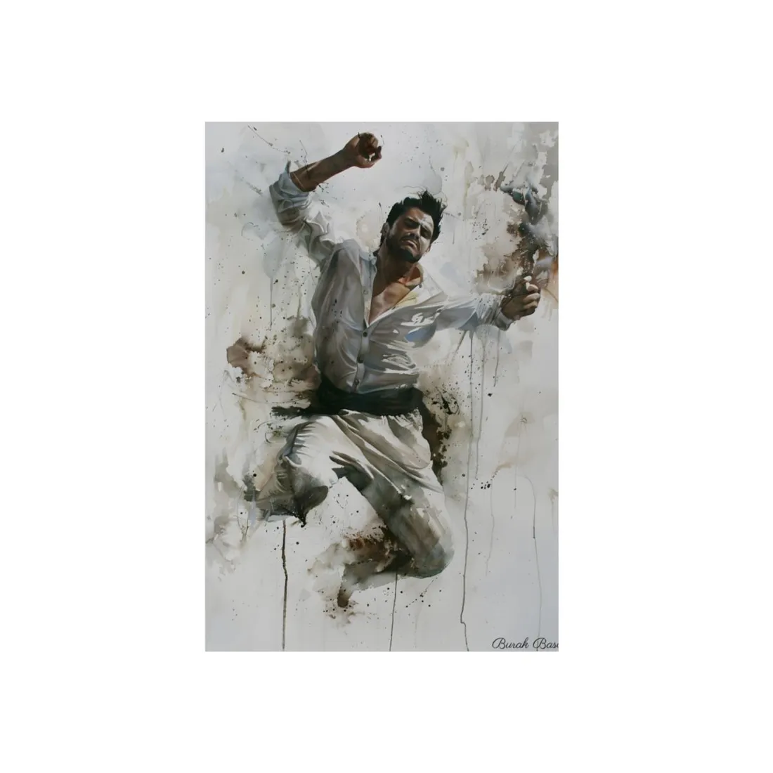 Watercolor Martial Arts: Dynamic Movement in White - Metal Poster