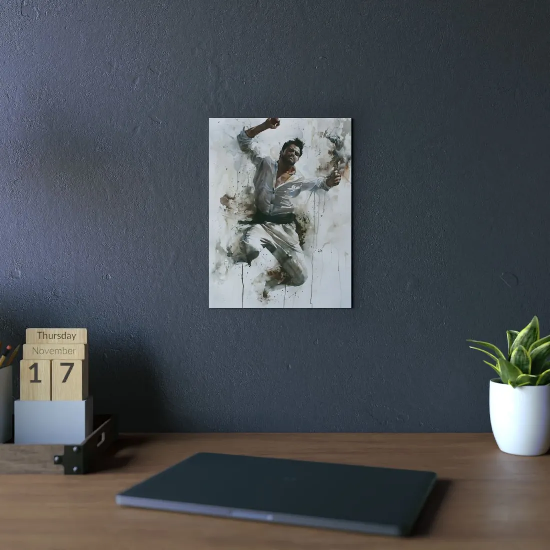 Watercolor Martial Arts: Dynamic Movement in White - Metal Poster