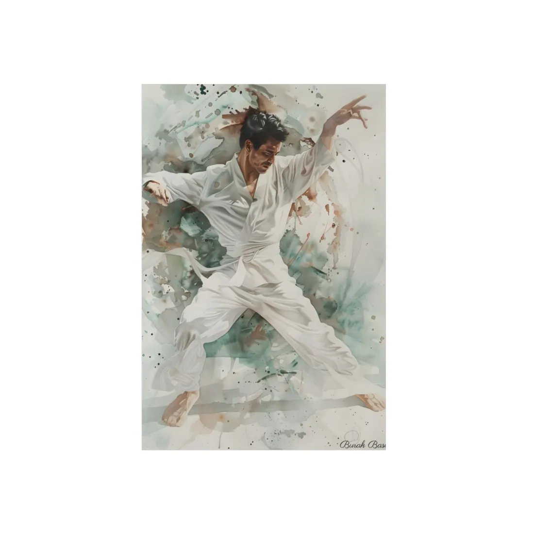 Watercolor Martial Arts: Dynamic White Attire Action - Metal Poster