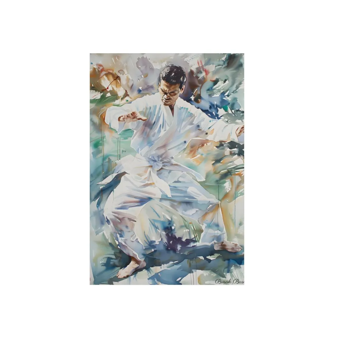 Watercolor Martial Arts: Man in White Action Pose - Metal Poster