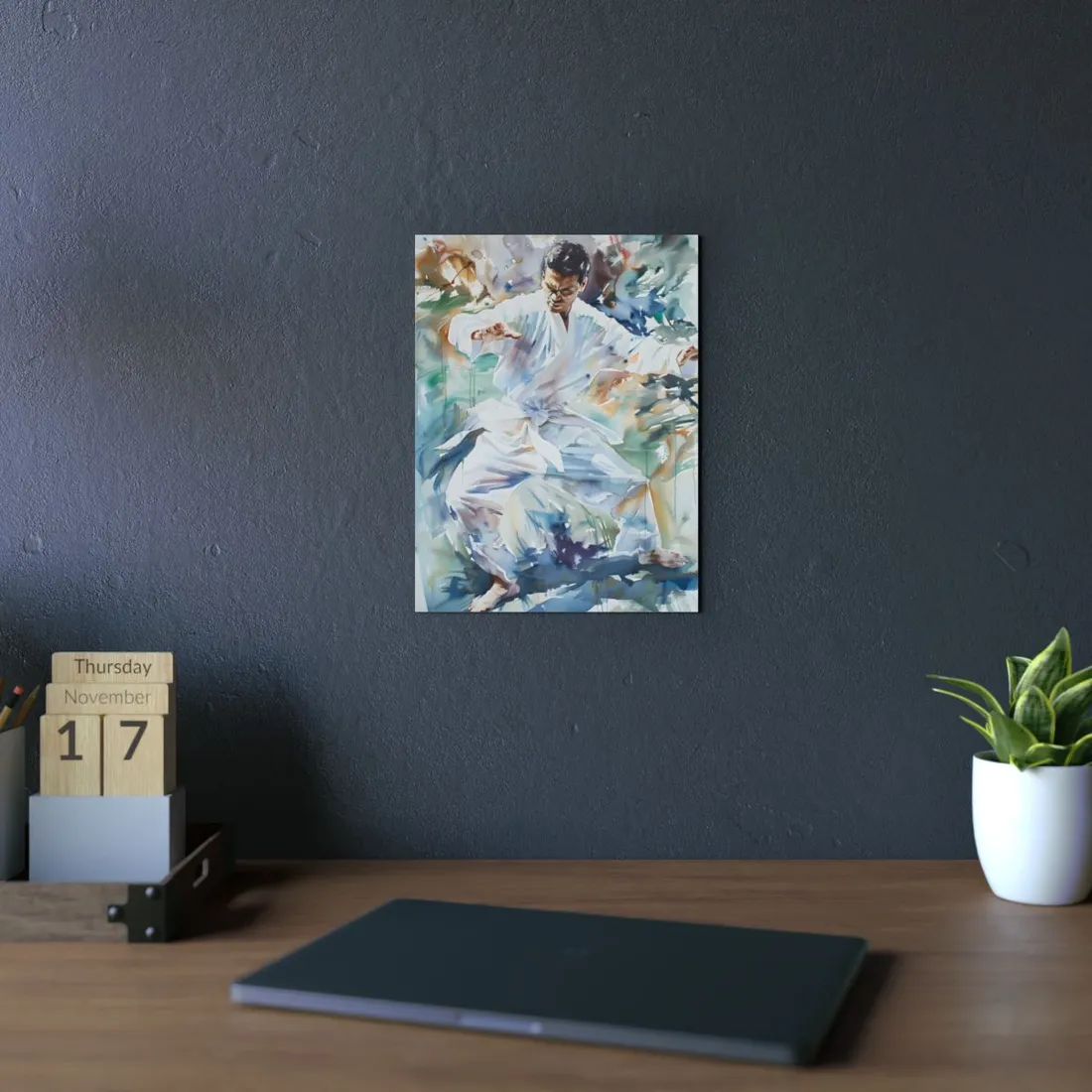 Watercolor Martial Arts: Man in White Action Pose - Metal Poster