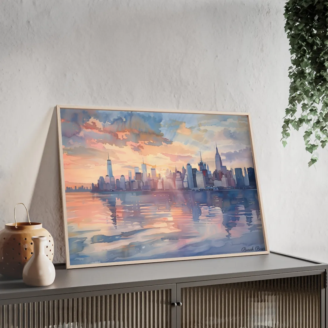 Watercolor New York City Sunset: Golden Hour - Framed Poster