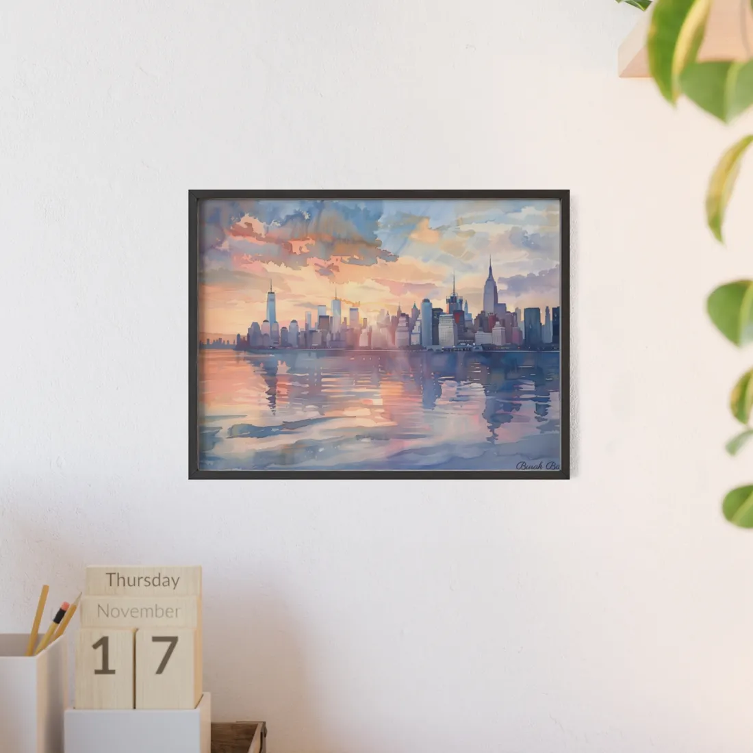 Watercolor New York City Sunset: Golden Hour - Framed Poster