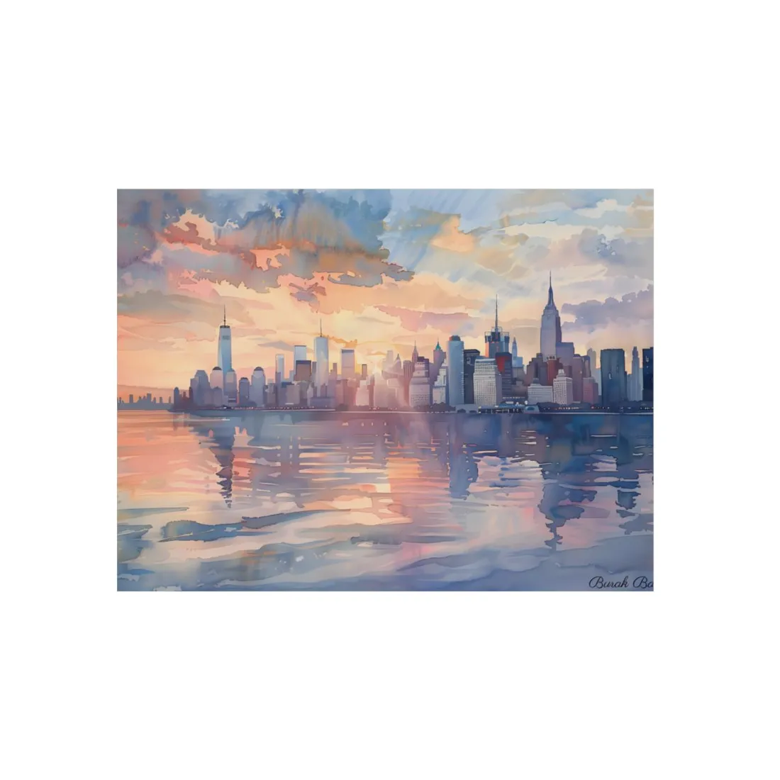 Watercolor New York City Sunset: Golden Hour - Metal Poster