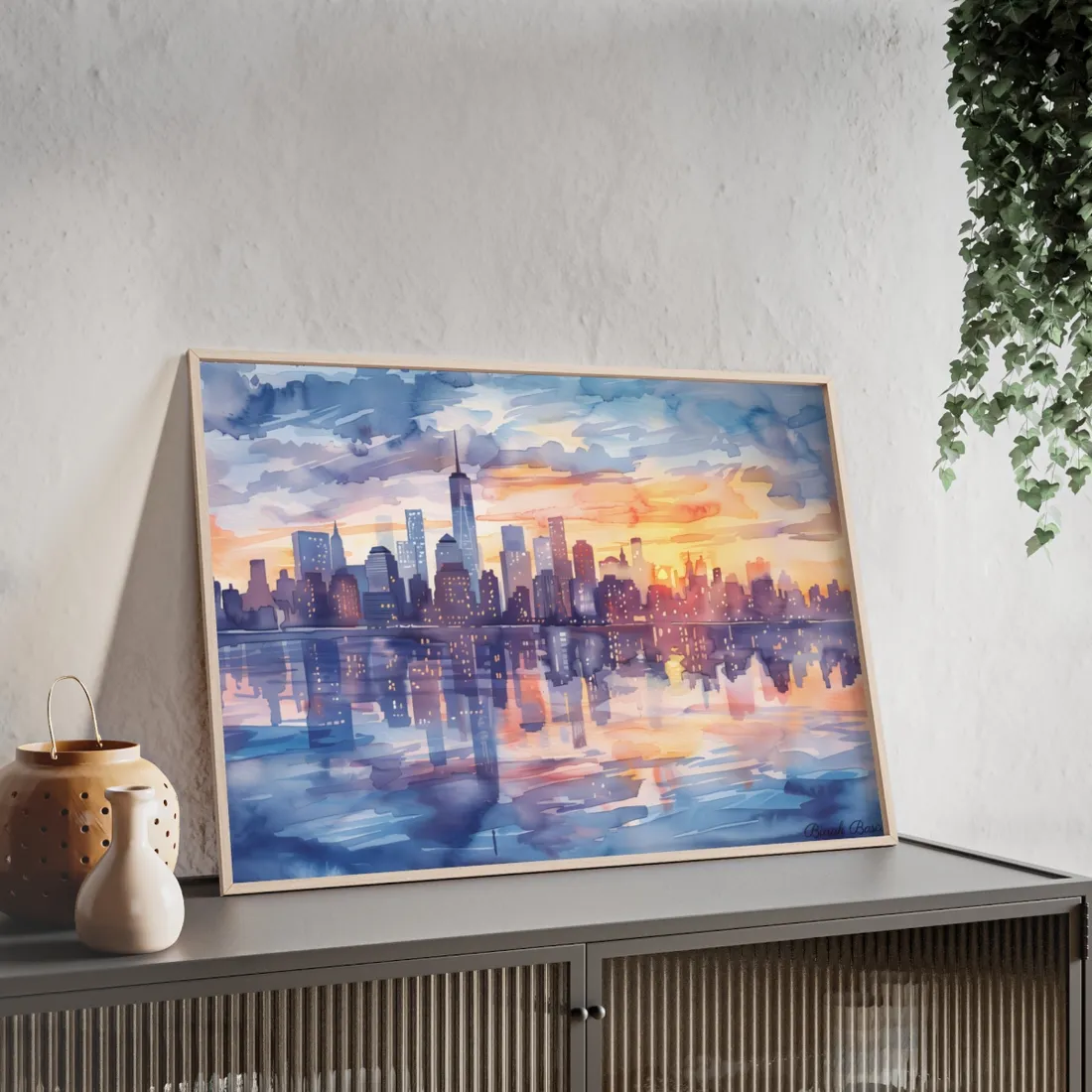 Watercolor New York City Sunset Skyline: Artistic NYC View - Framed Poster