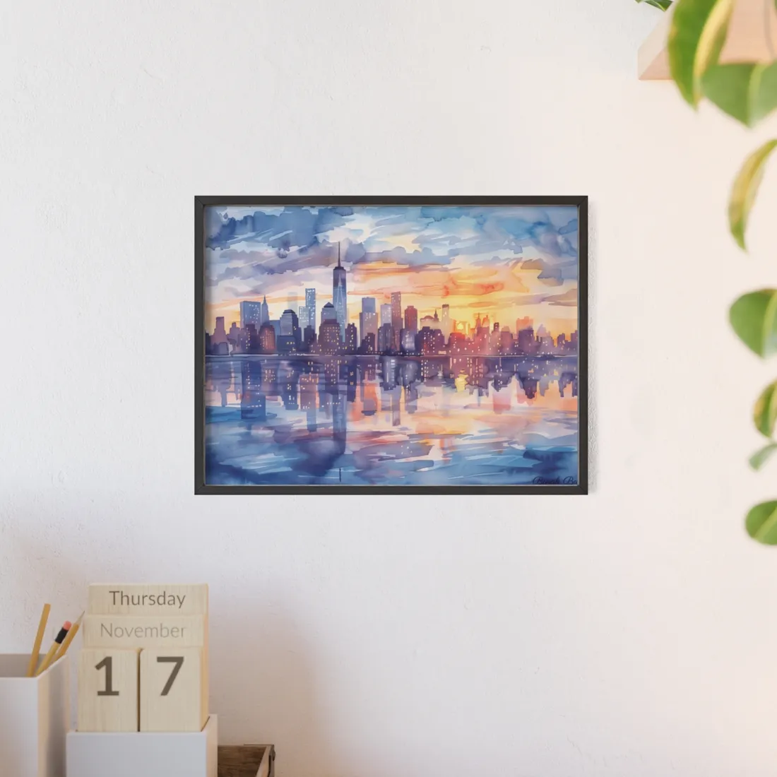Watercolor New York City Sunset Skyline: Artistic NYC View - Framed Poster