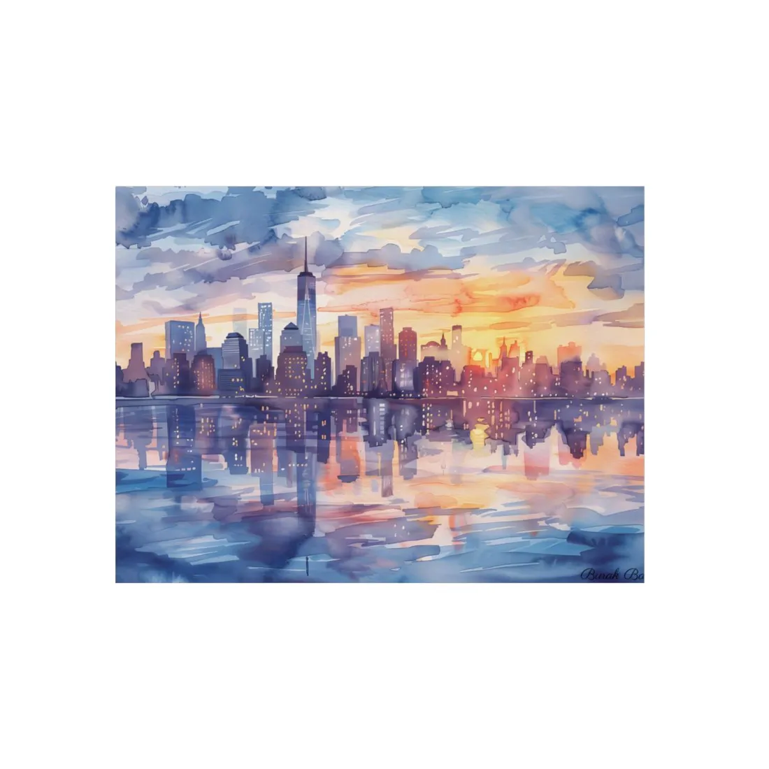 Watercolor New York City Sunset Skyline: Artistic NYC View - Metal Poster