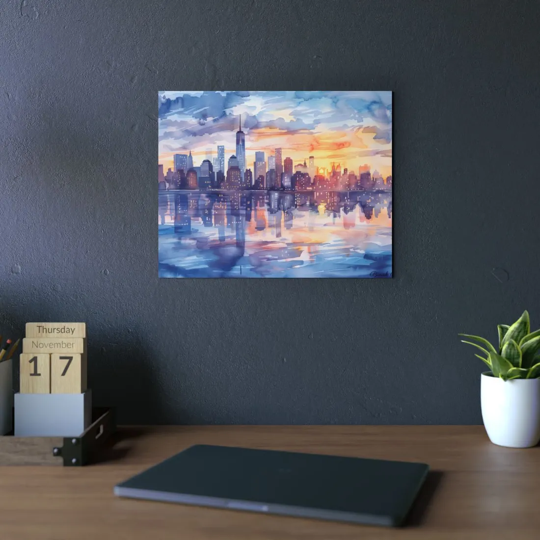Watercolor New York City Sunset Skyline: Artistic NYC View - Metal Poster
