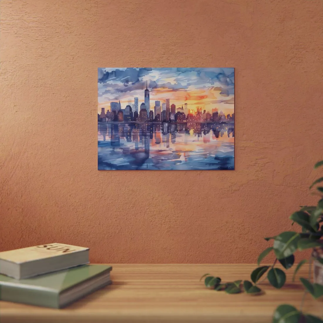 Watercolor New York City Sunset Skyline: Artistic NYC View - Metal Poster