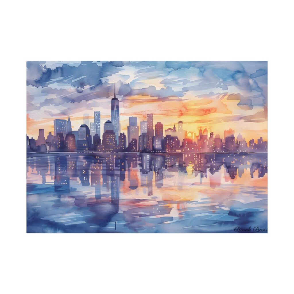 Watercolor New York City Sunset Skyline: Artistic NYC View - Poster