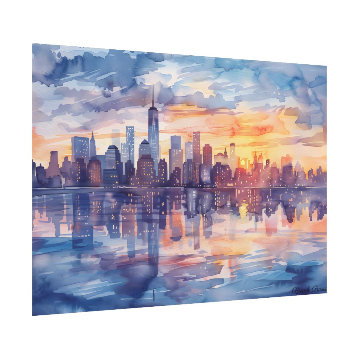 Watercolor New York City Sunset Skyline: Artistic NYC View - Poster