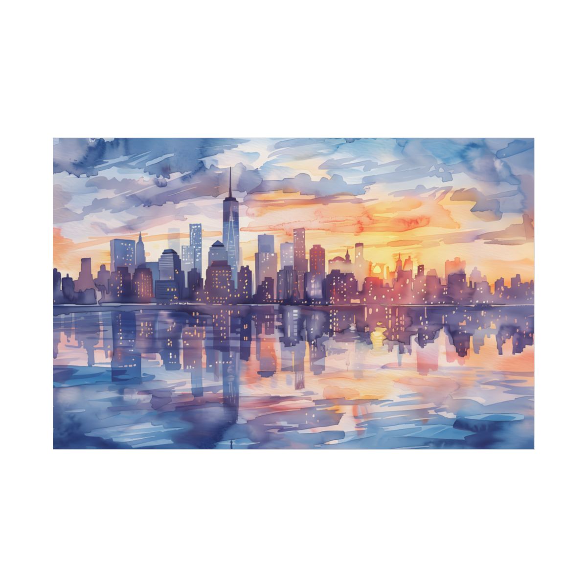 Watercolor New York City Sunset Skyline: Artistic NYC View - Poster