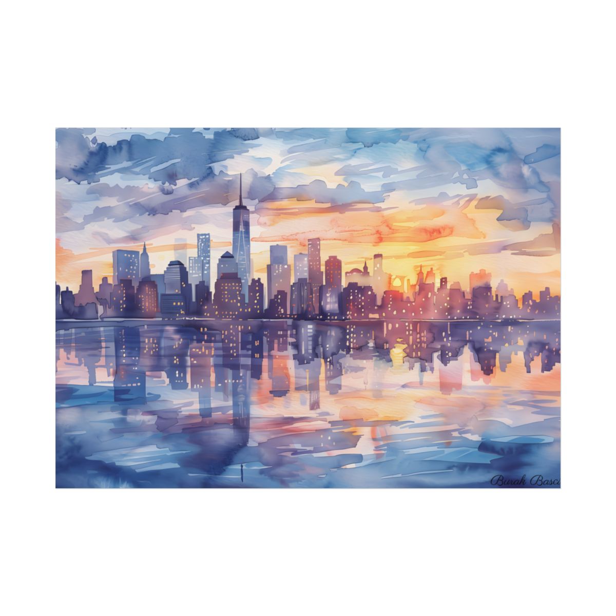 Watercolor New York City Sunset Skyline: Artistic NYC View - Poster
