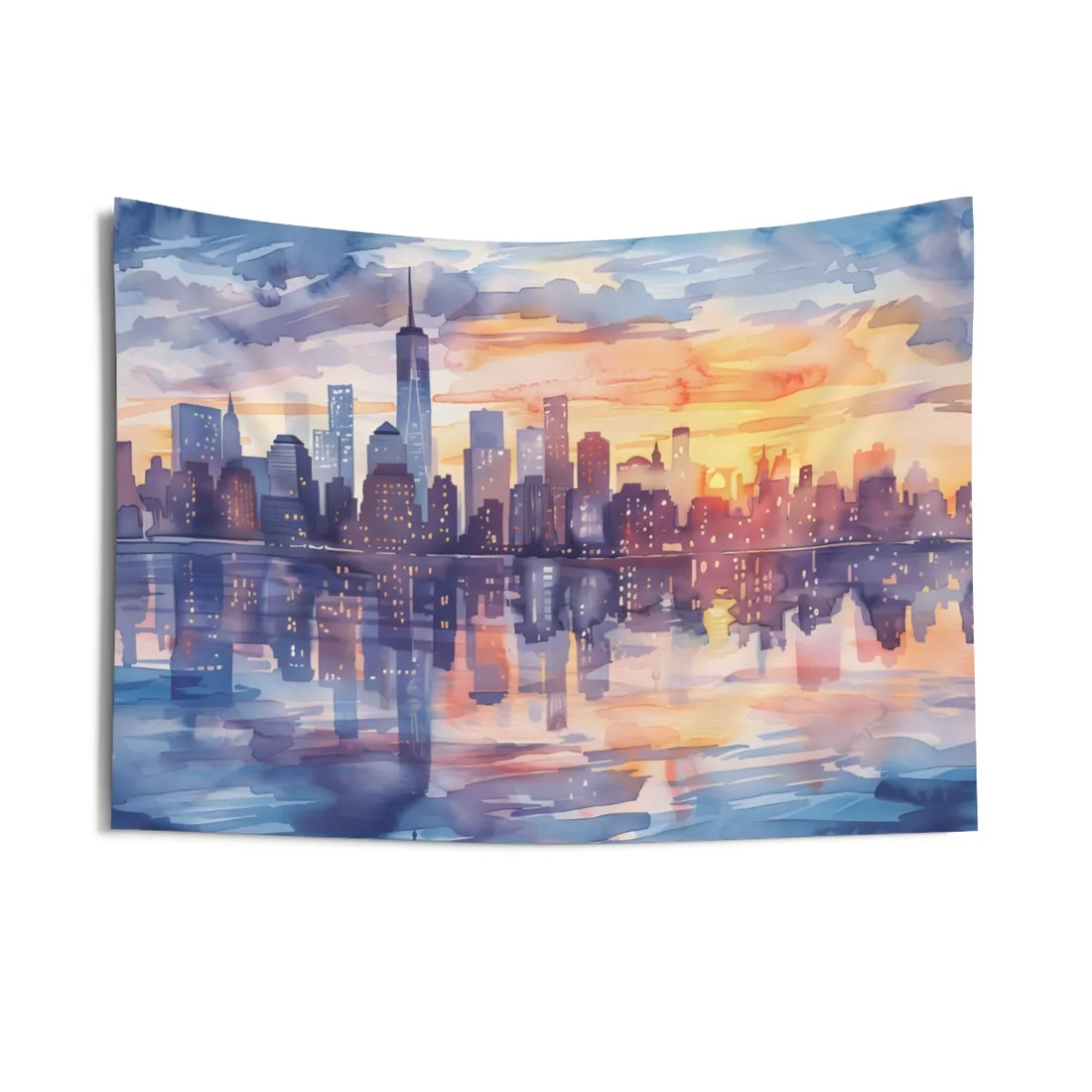 Watercolor New York City Sunset Skyline: Artistic NYC View - Wall Tapestry