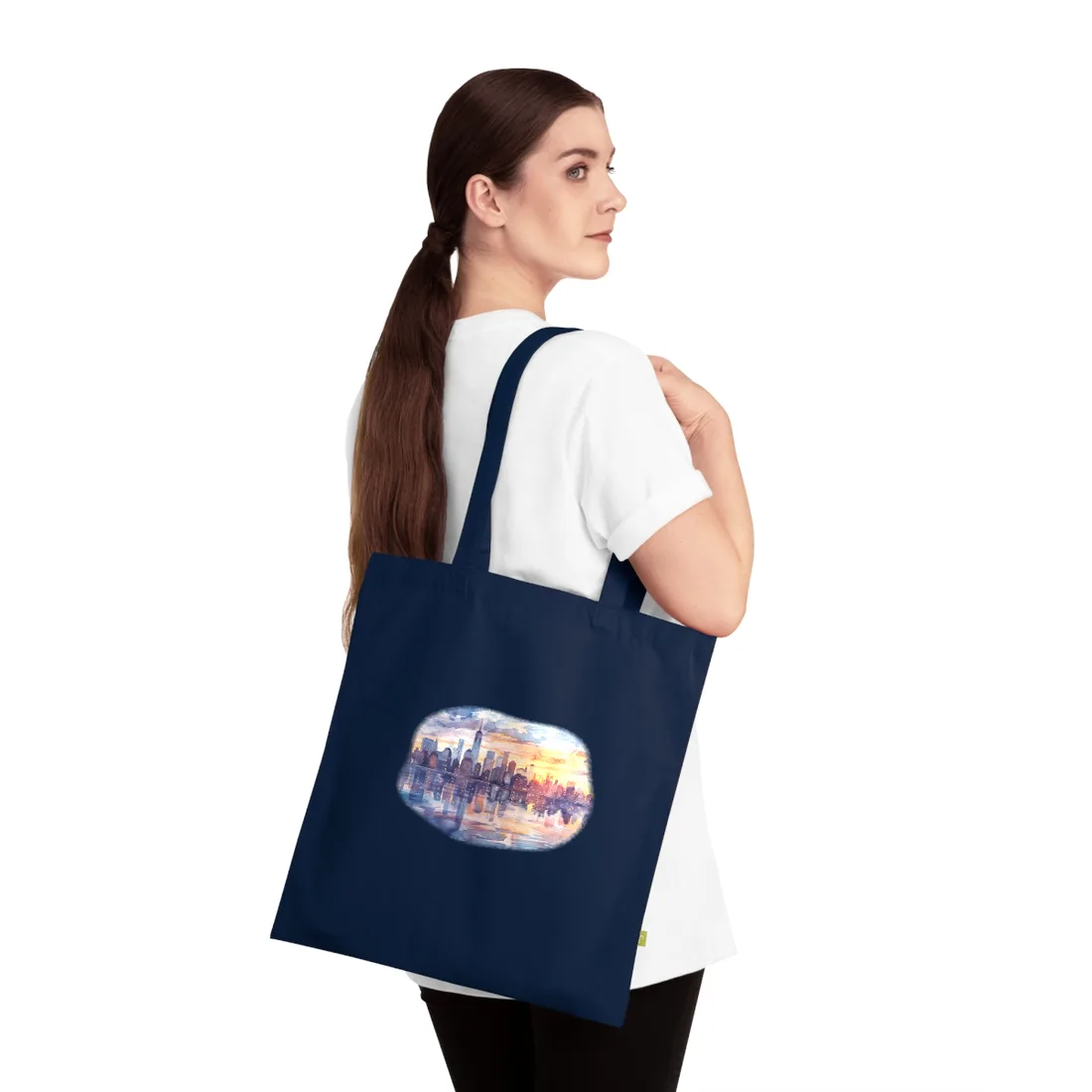 Watercolor New York City Sunset Skyline: Artistic NYC View - Tote Bag (French Navy)