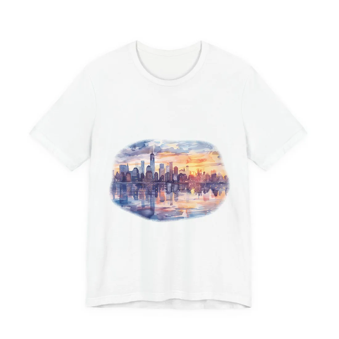 Watercolor New York City Sunset Skyline: Artistic NYC View - T-Shirt (White)